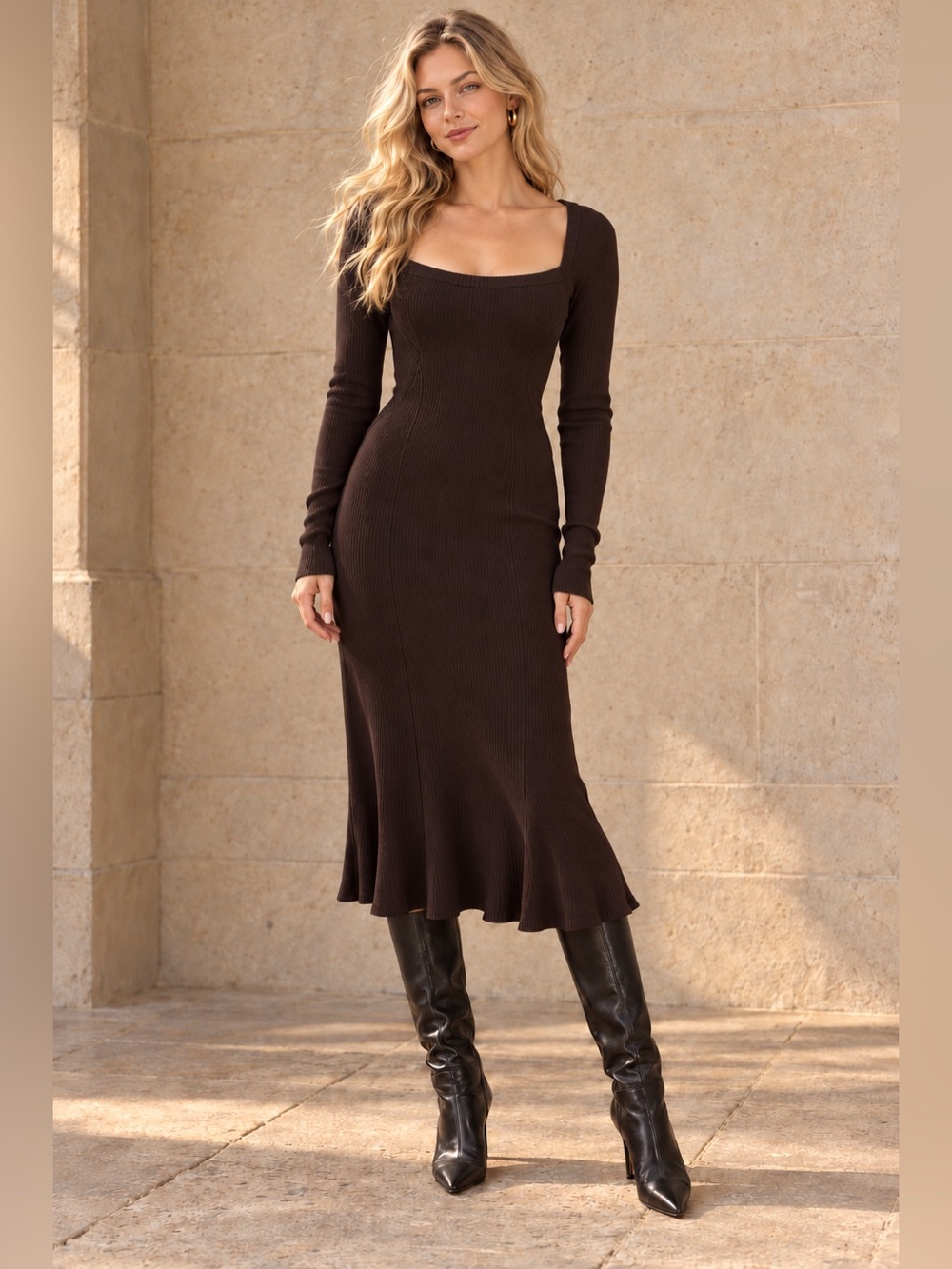 Free People Allister Ribbed Midi Sweater Dress – Brown | Size S NWT